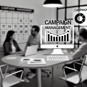 A black and white image representing Campaign Management. The image should feature a modern workspace with a computer displaying campaign data charts.