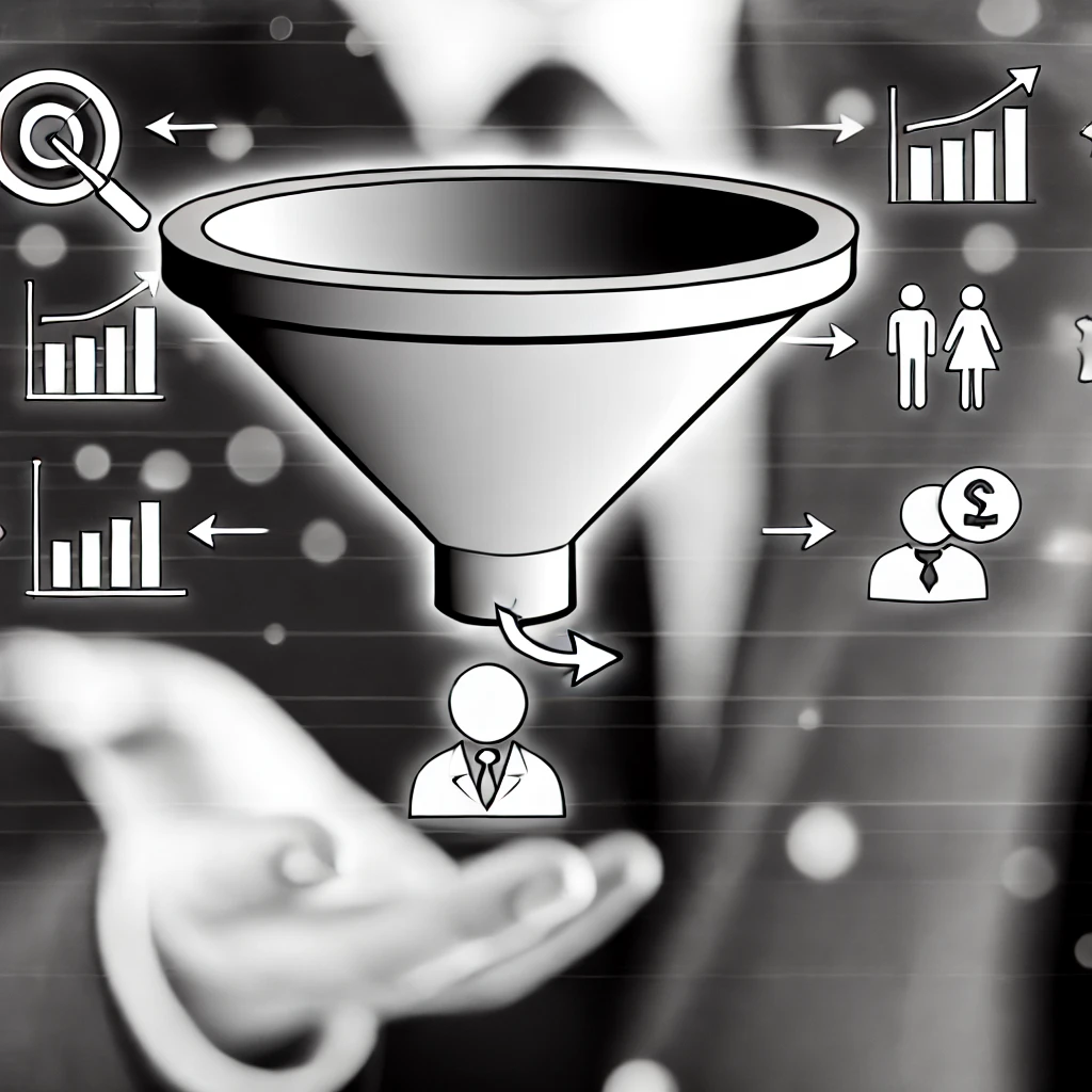 A black and white image representing Demand Generation. The image should feature a funnel symbol, with a steady flow of data and analytics feeding into it.