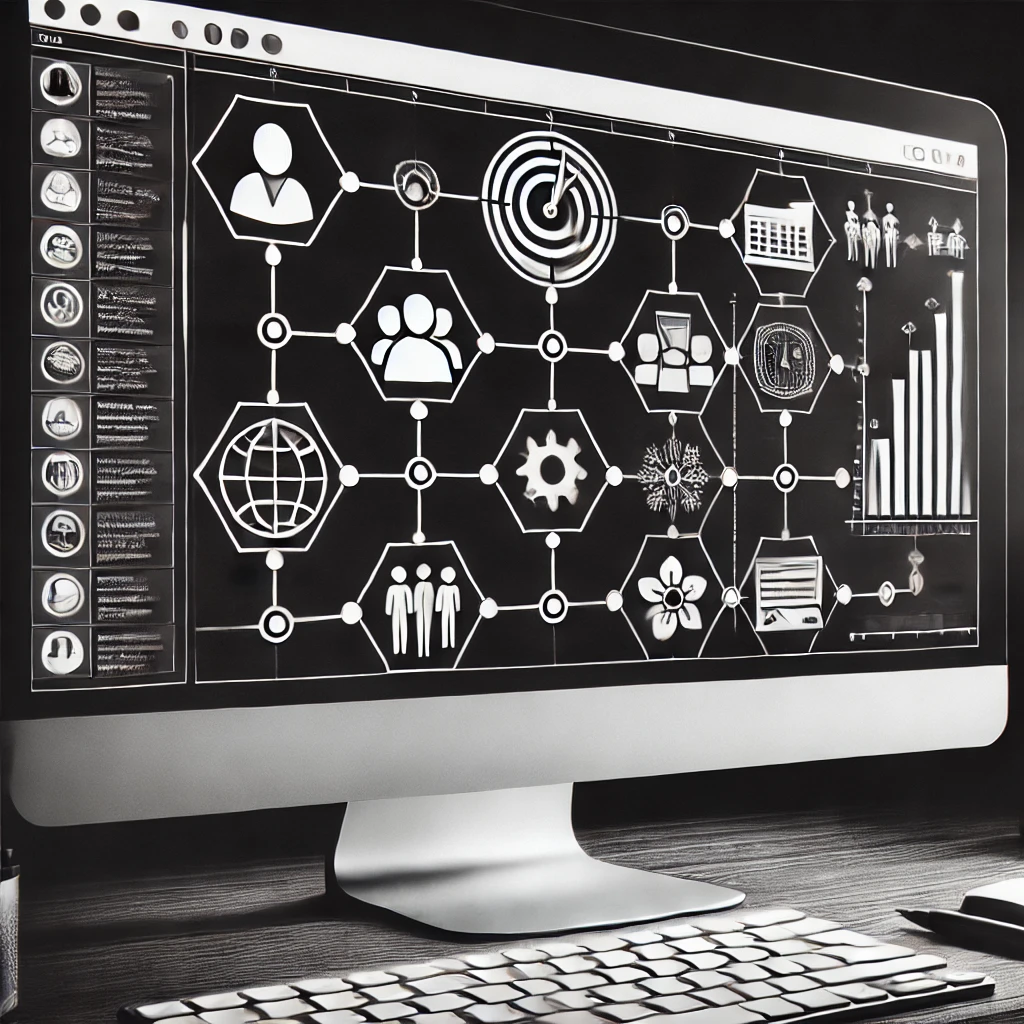 A black and white image representing Digital Project Management. The image should feature a timeline with tasks, milestones, and a Gantt chart on a computer