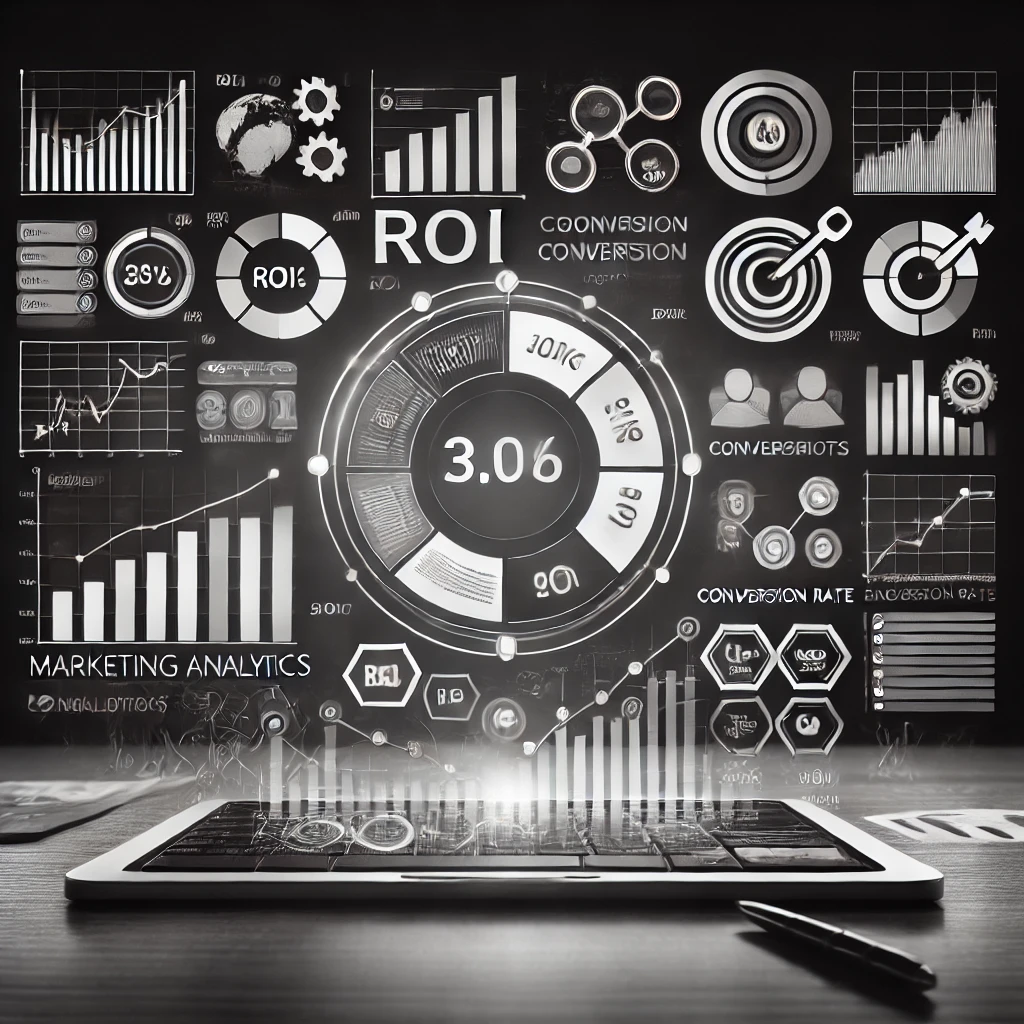  A black and white image representing Marketing Analytics. The image should feature a dashboard filled with charts, graphs, and metrics, showing data