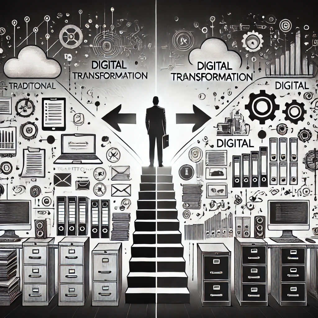  A black and white image representing Digital Transformation. The image should show a business evolving into a digital entity, with traditional element